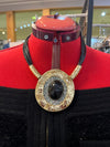 Oval Gold Metal Black Cord Necklace